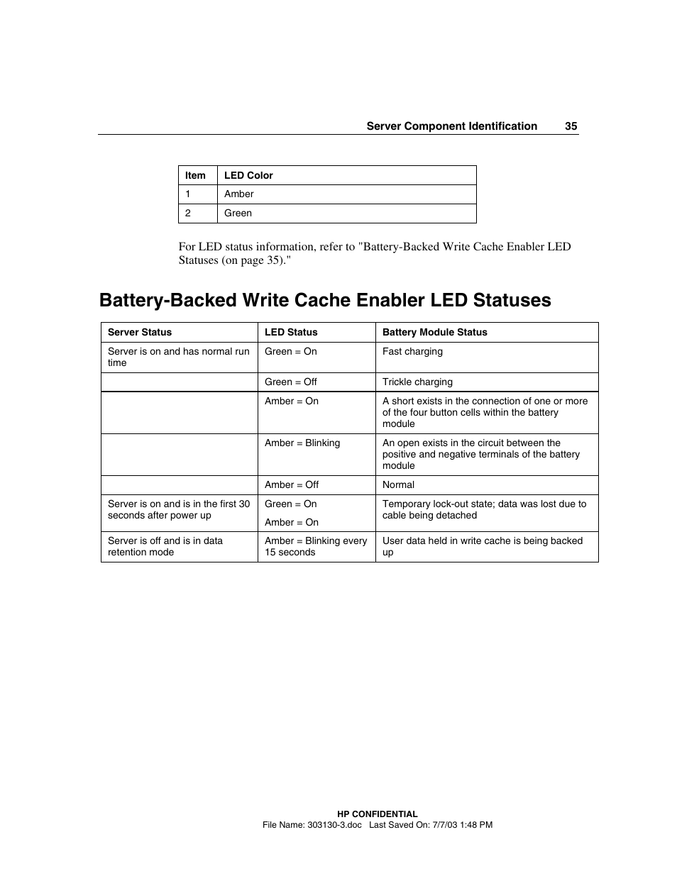 Battery-backed write cache enabler led statuses | HP ProLiant DL380 G3 Server User Manual | Page 35 / 164