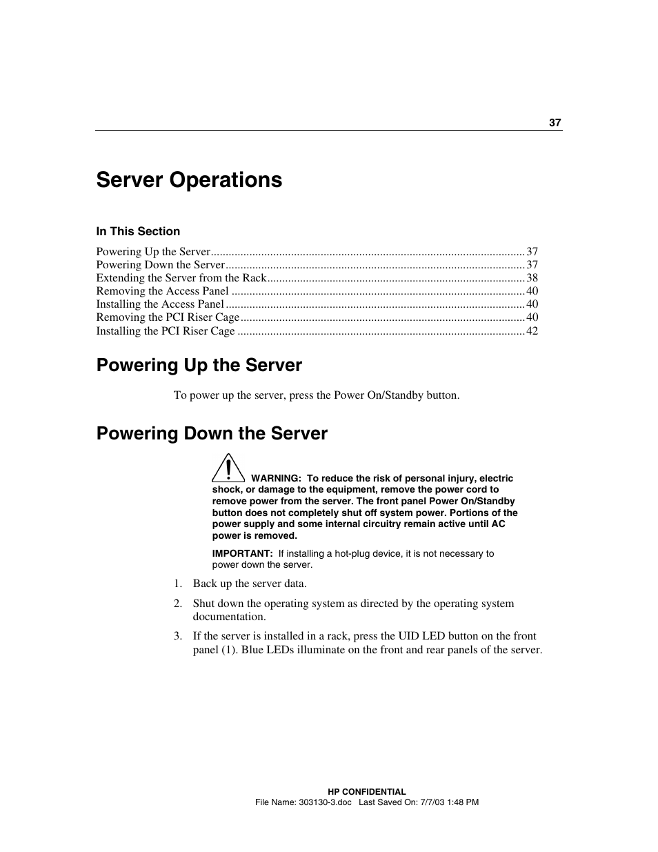 Server operations, Powering up the server, Powering down the server | HP ProLiant DL380 G3 Server User Manual | Page 37 / 164