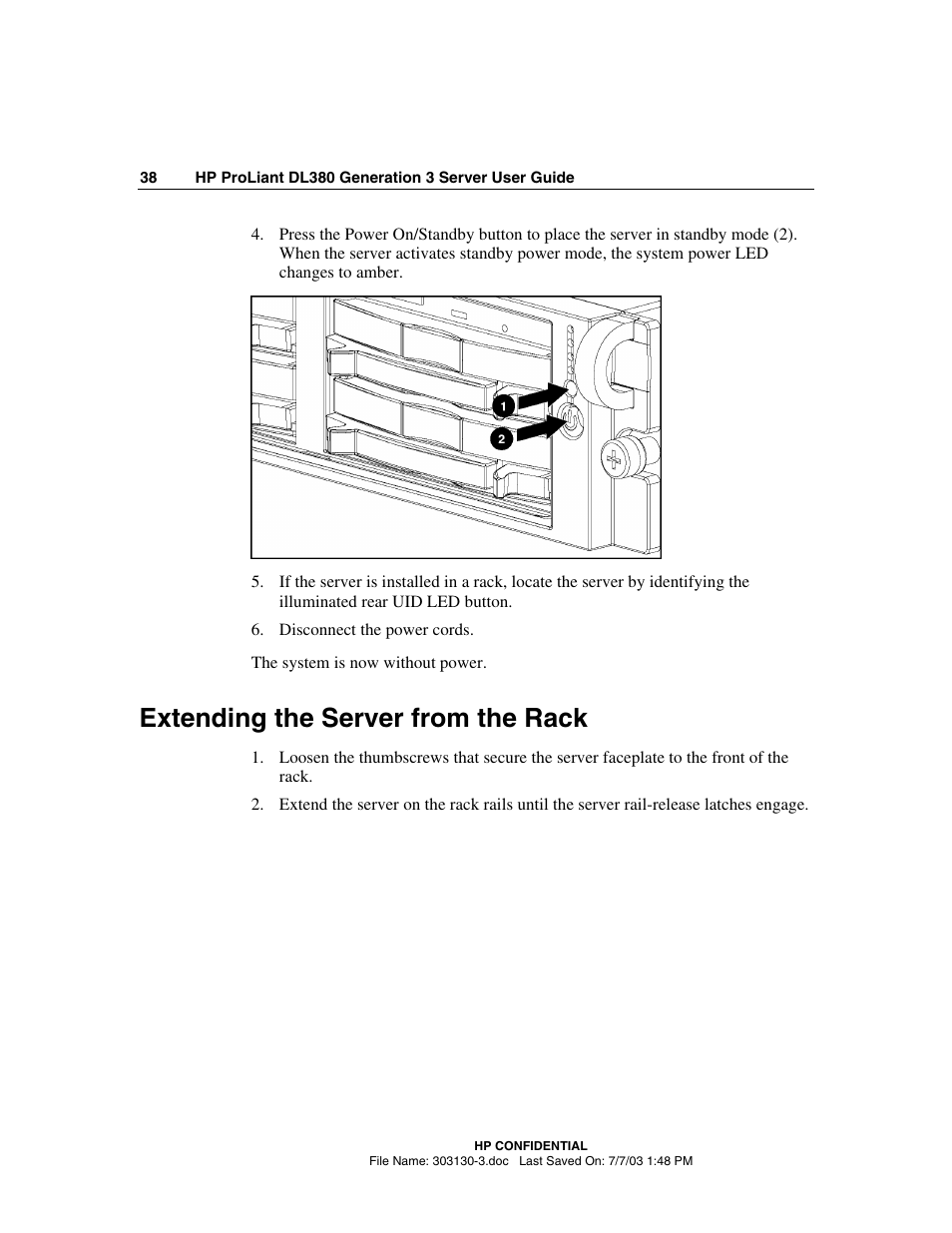 Extending the server from the rack | HP ProLiant DL380 G3 Server User Manual | Page 38 / 164