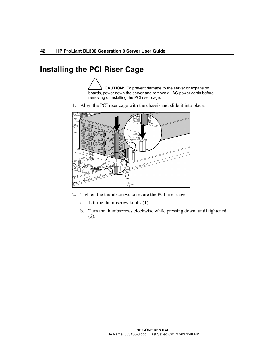 Installing the pci riser cage | HP ProLiant DL380 G3 Server User Manual | Page 42 / 164