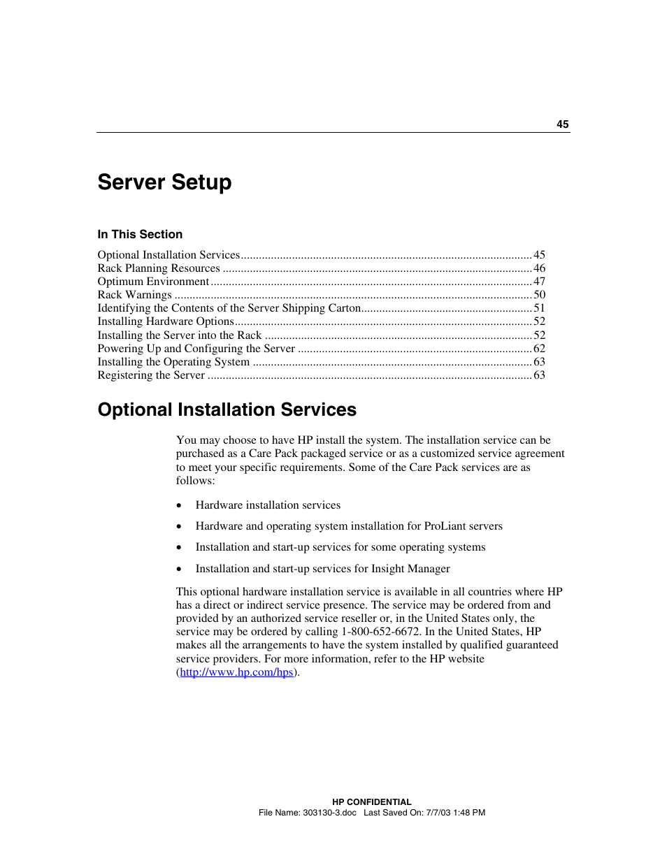 Server setup, Optional installation services | HP ProLiant DL380 G3 Server User Manual | Page 45 / 164