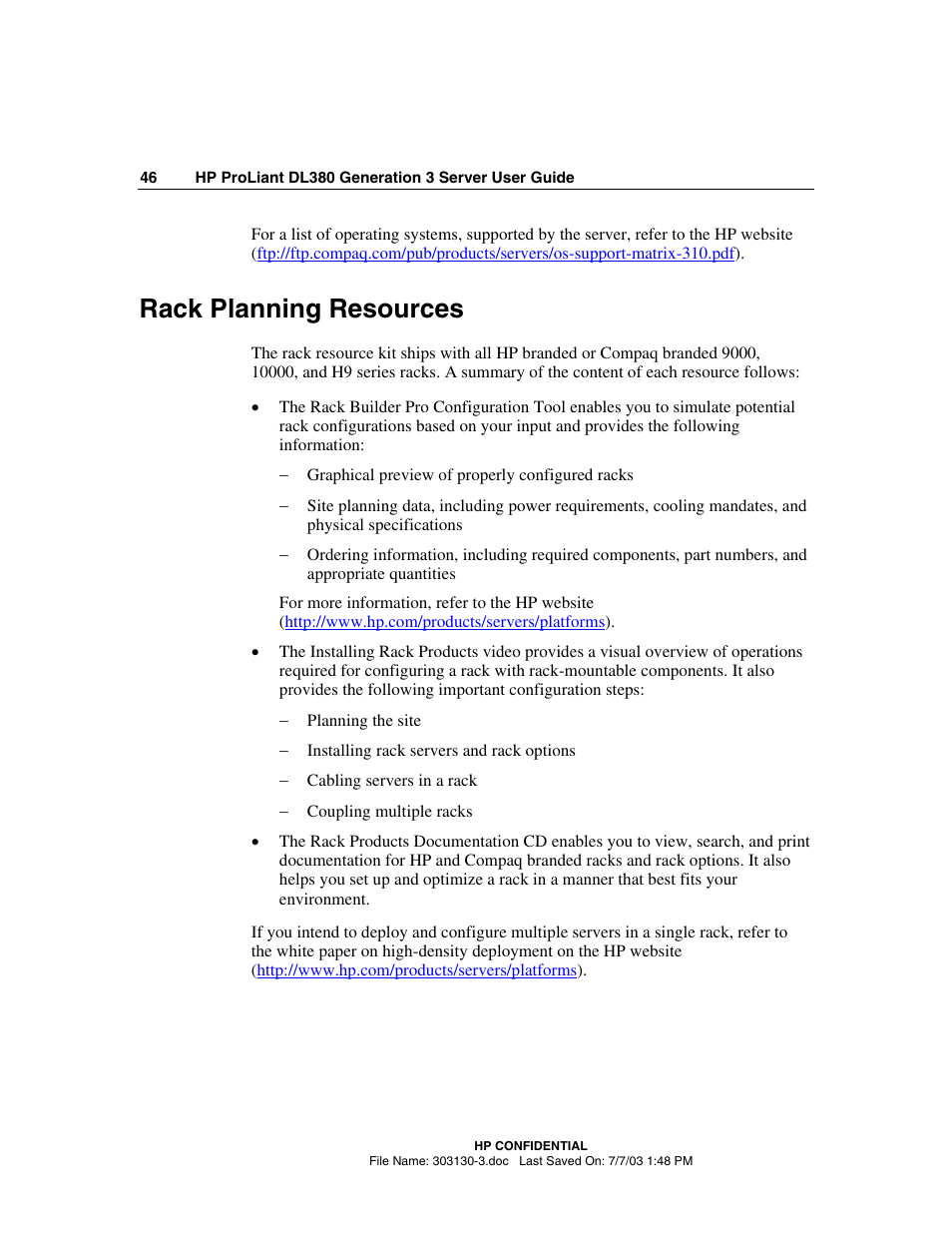 Rack planning resources | HP ProLiant DL380 G3 Server User Manual | Page 46 / 164