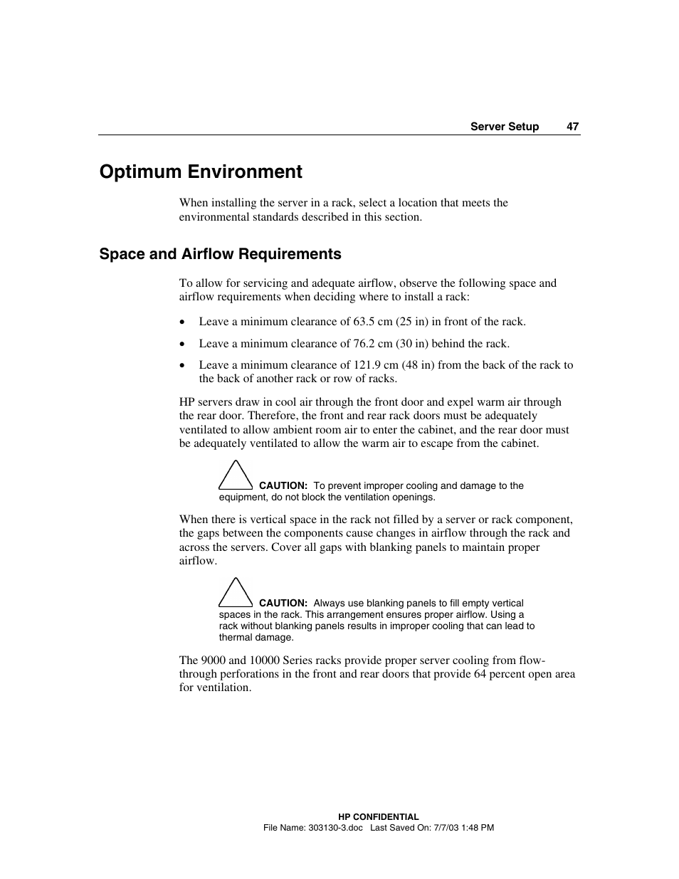 Optimum environment, Space and airflow requirements | HP ProLiant DL380 G3 Server User Manual | Page 47 / 164