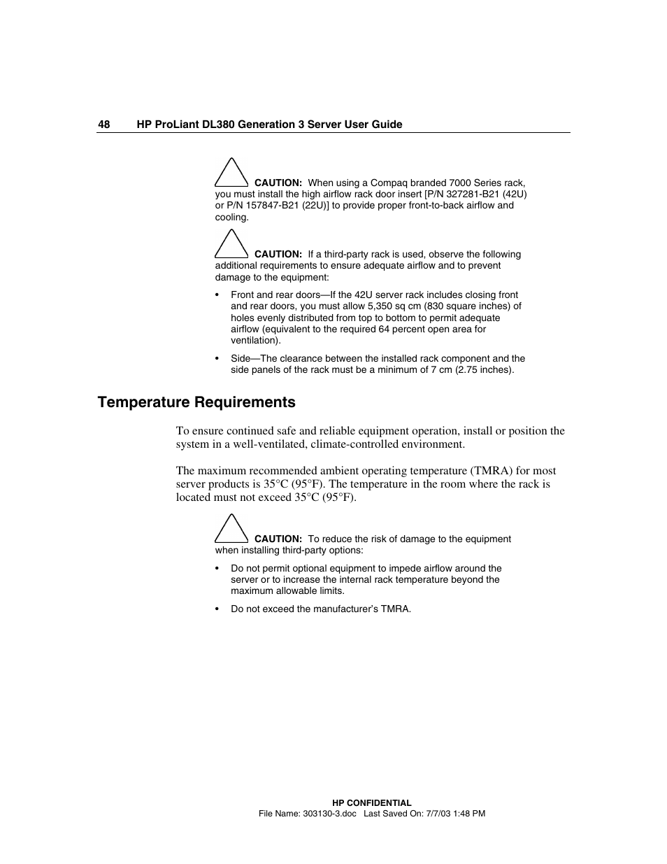 Temperature requirements | HP ProLiant DL380 G3 Server User Manual | Page 48 / 164