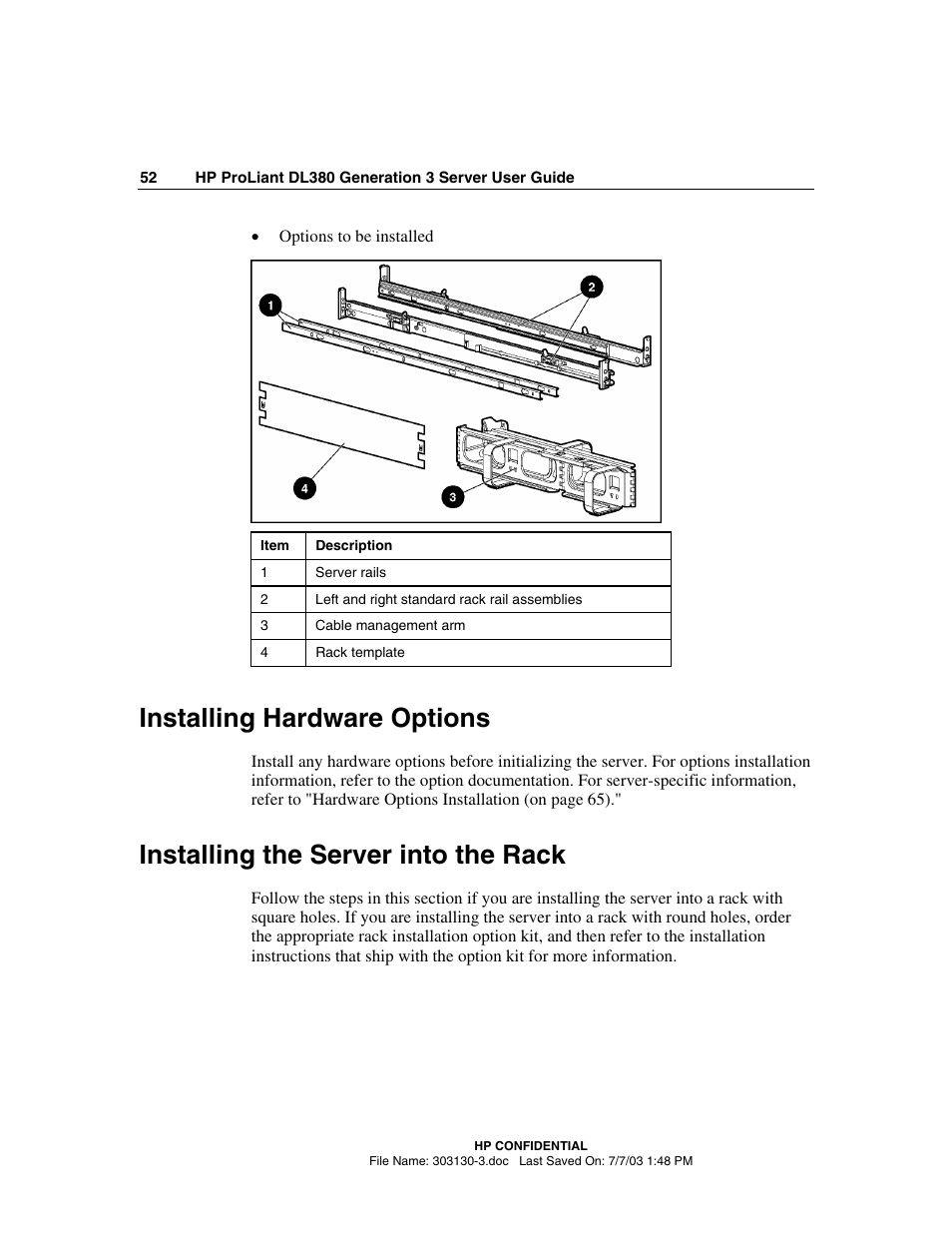 Installing hardware options, Installing the server into the rack | HP ProLiant DL380 G3 Server User Manual | Page 52 / 164