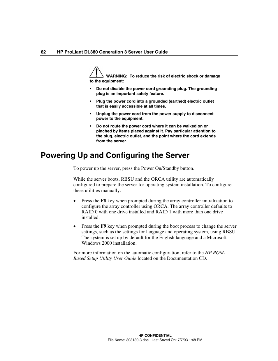 Powering up and configuring the server | HP ProLiant DL380 G3 Server User Manual | Page 62 / 164