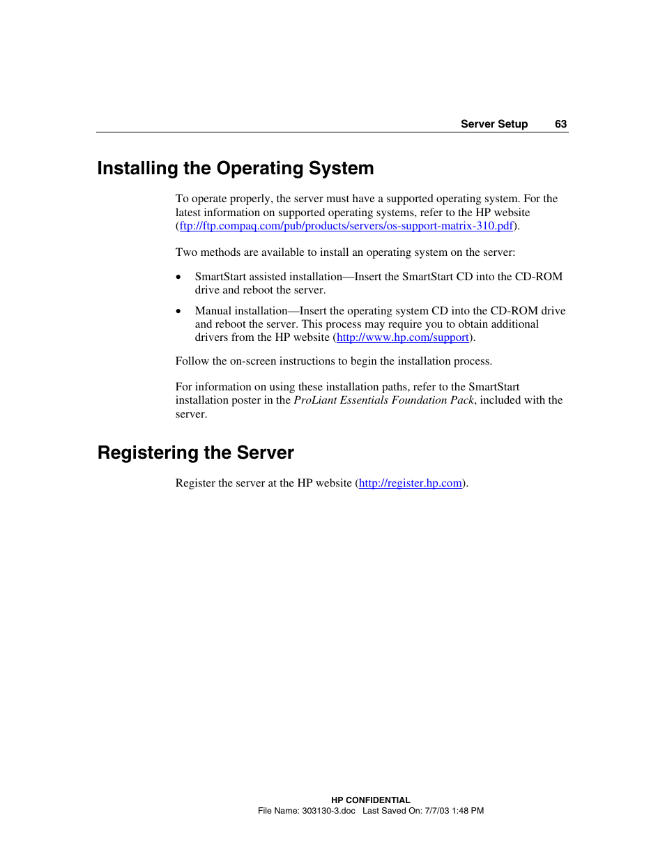 Installing the operating system, Registering the server | HP ProLiant DL380 G3 Server User Manual | Page 63 / 164