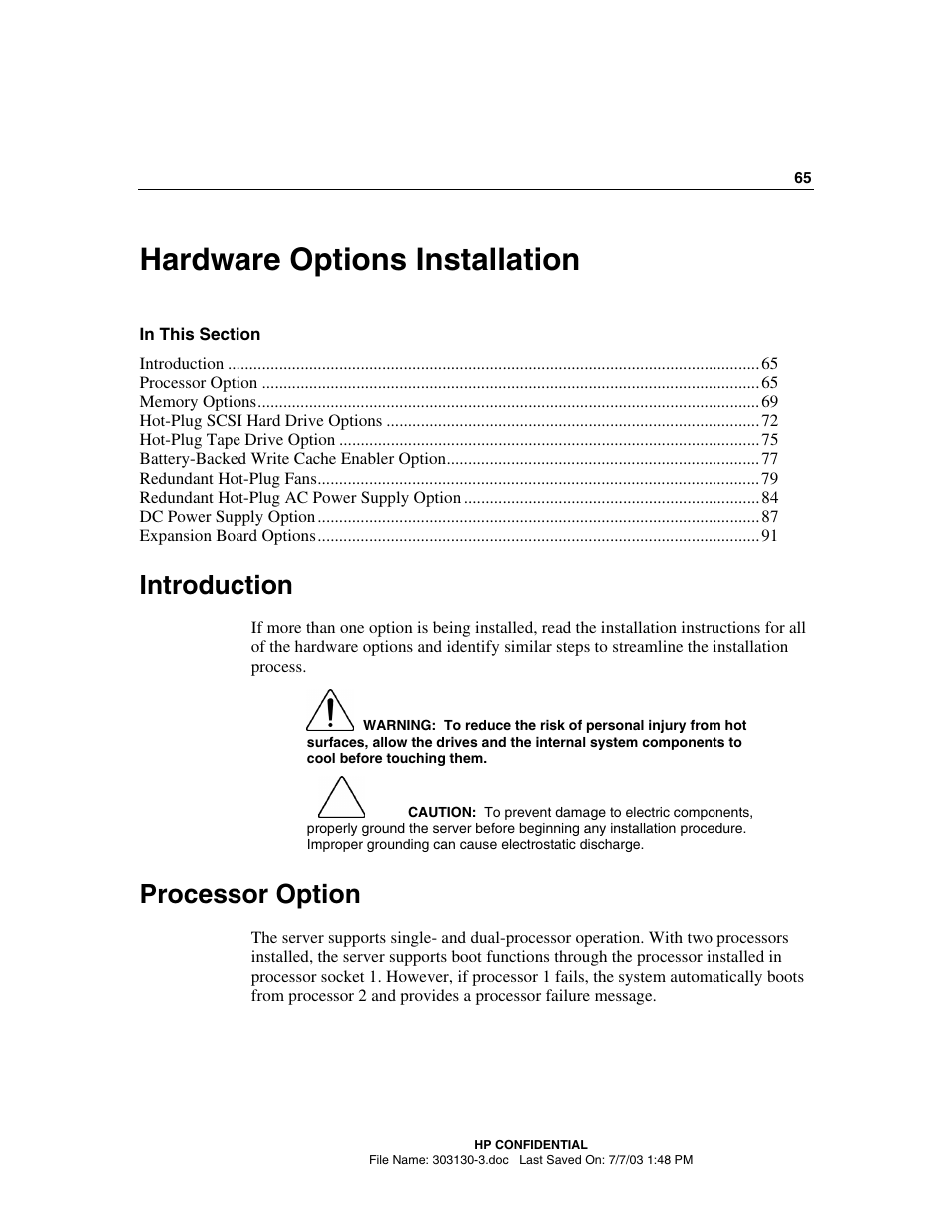 Hardware options installation, Introduction, Processor option | HP ProLiant DL380 G3 Server User Manual | Page 65 / 164