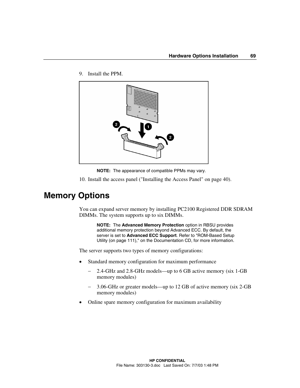 Memory options | HP ProLiant DL380 G3 Server User Manual | Page 69 / 164