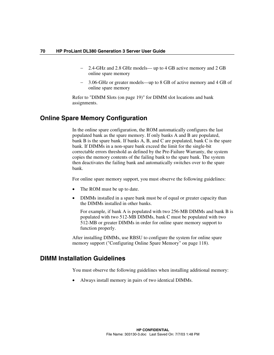 Online spare memory configuration, Dimm installation guidelines | HP ProLiant DL380 G3 Server User Manual | Page 70 / 164