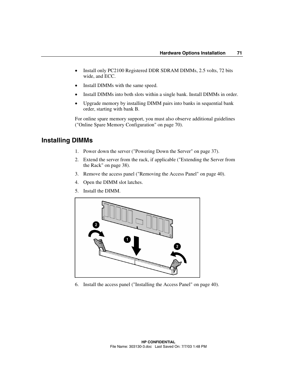 Installing dimms | HP ProLiant DL380 G3 Server User Manual | Page 71 / 164