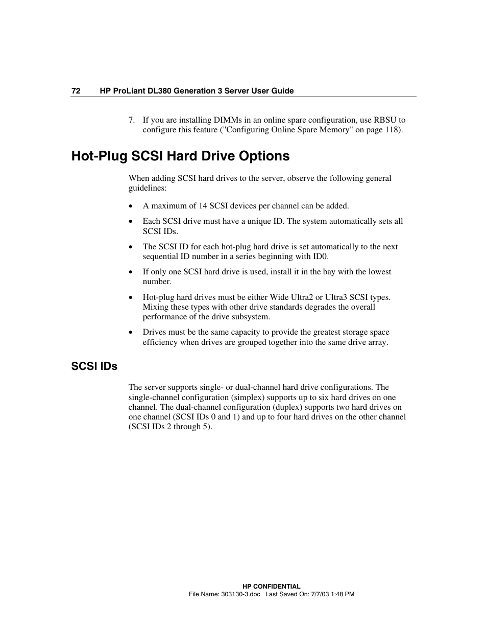 Hot-plug scsi hard drive options, Scsi ids | HP ProLiant DL380 G3 Server User Manual | Page 72 / 164