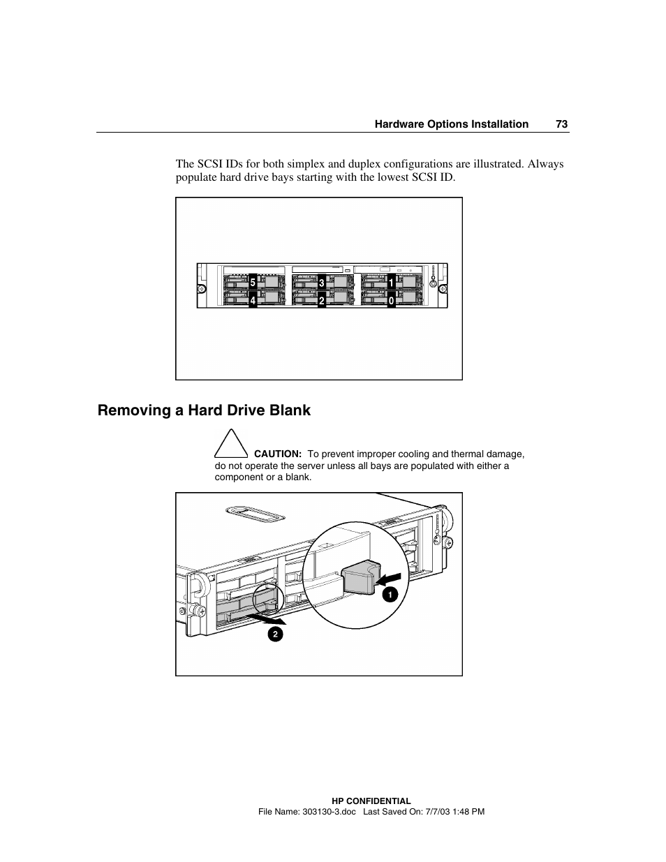 Removing a hard drive blank | HP ProLiant DL380 G3 Server User Manual | Page 73 / 164