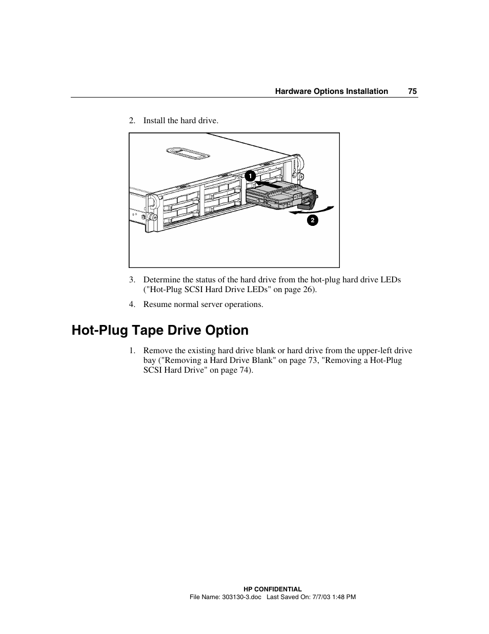 Hot-plug tape drive option | HP ProLiant DL380 G3 Server User Manual | Page 75 / 164