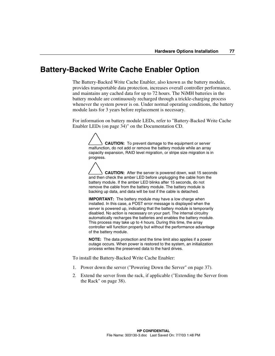 Battery-backed write cache enabler option | HP ProLiant DL380 G3 Server User Manual | Page 77 / 164