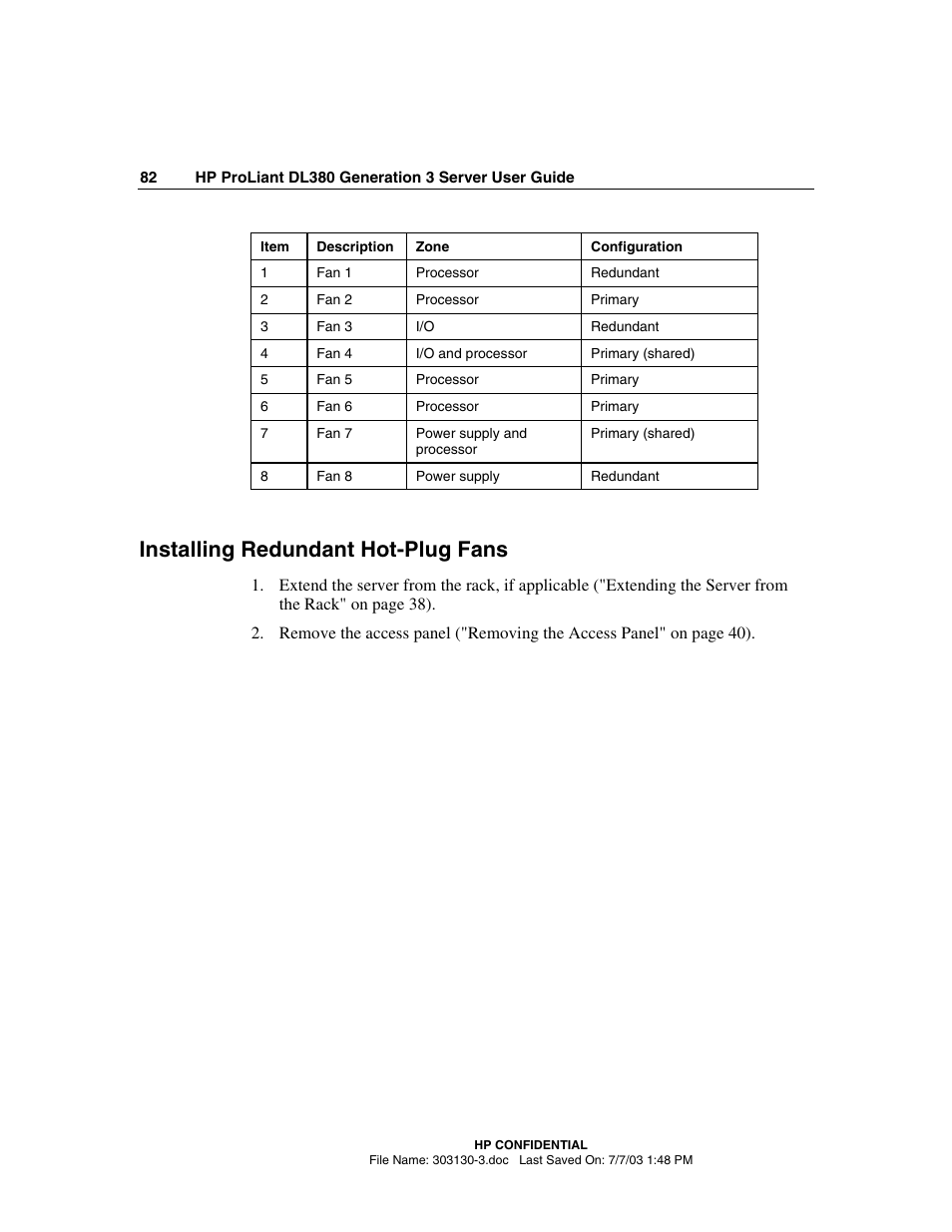 Installing redundant hot-plug fans | HP ProLiant DL380 G3 Server User Manual | Page 82 / 164