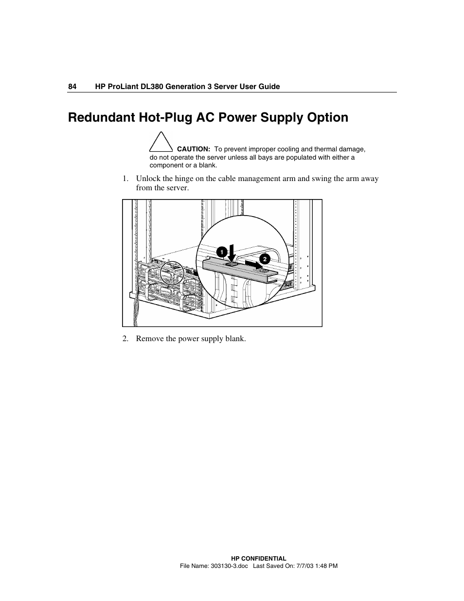 Redundant hot-plug ac power supply option | HP ProLiant DL380 G3 Server User Manual | Page 84 / 164