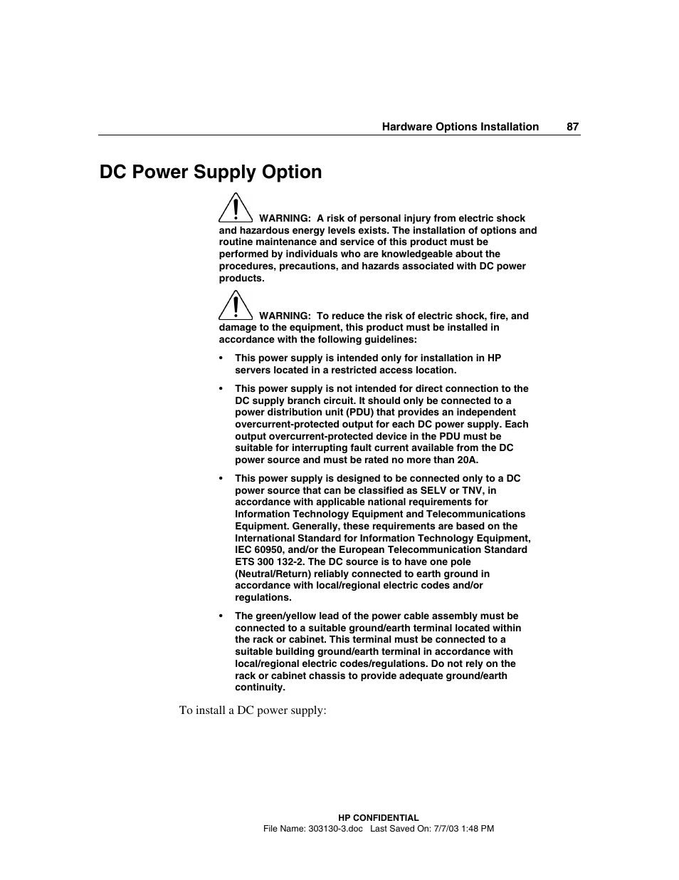 Dc power supply option | HP ProLiant DL380 G3 Server User Manual | Page 87 / 164