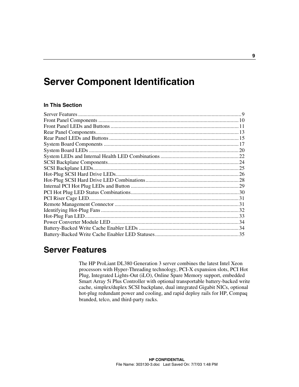 Server component identification, Server features | HP ProLiant DL380 G3 Server User Manual | Page 9 / 164