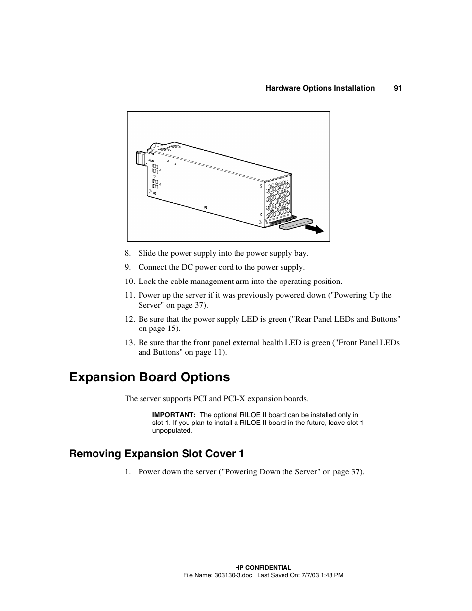 Expansion board options, Removing expansion slot cover 1 | HP ProLiant DL380 G3 Server User Manual | Page 91 / 164