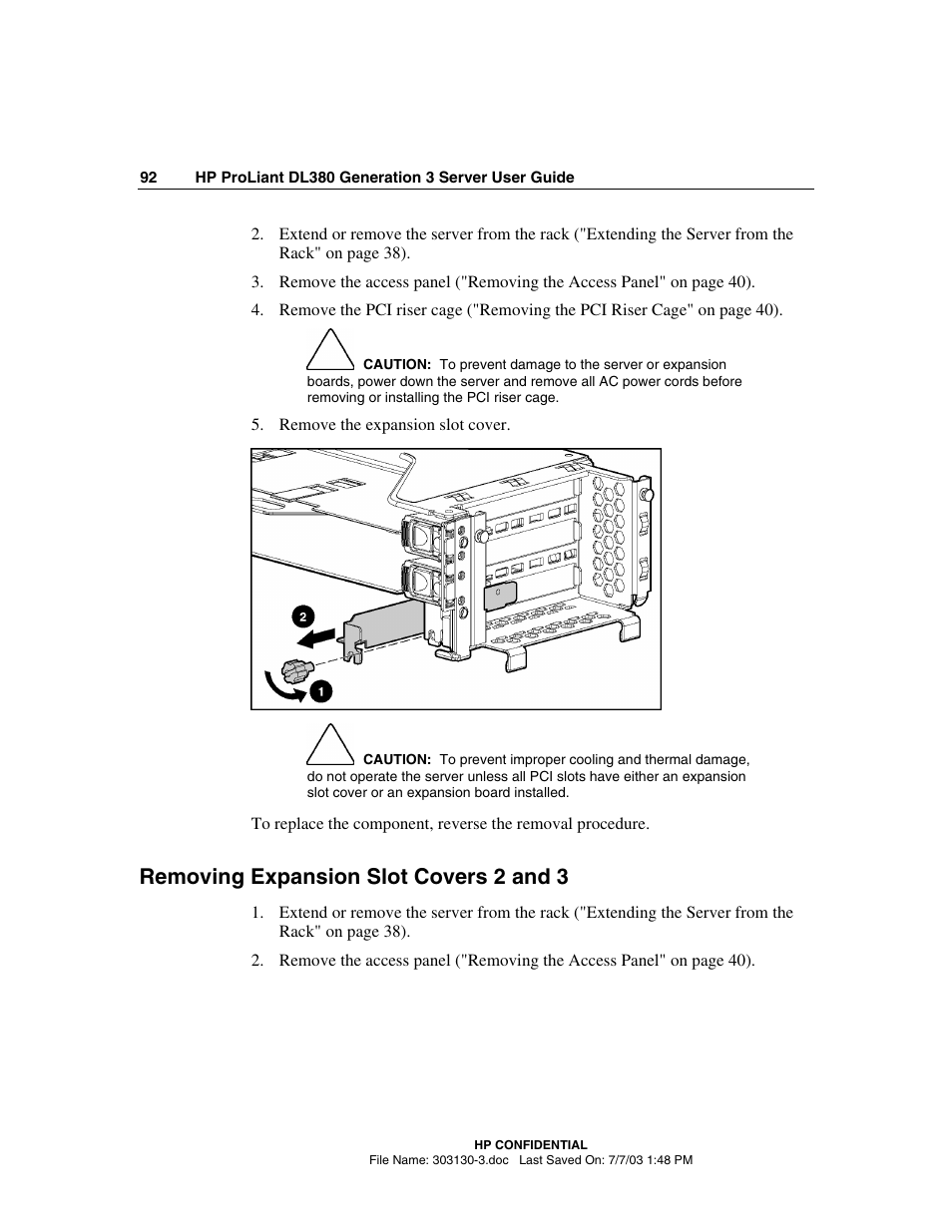 Removing expansion slot covers 2 and 3 | HP ProLiant DL380 G3 Server User Manual | Page 92 / 164