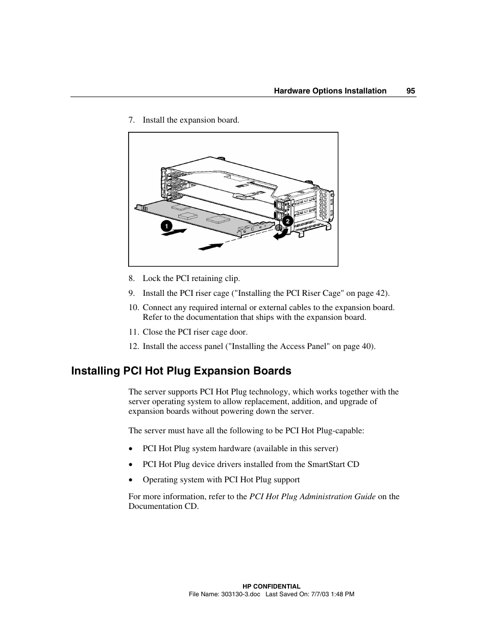 Installing pci hot plug expansion boards | HP ProLiant DL380 G3 Server User Manual | Page 95 / 164