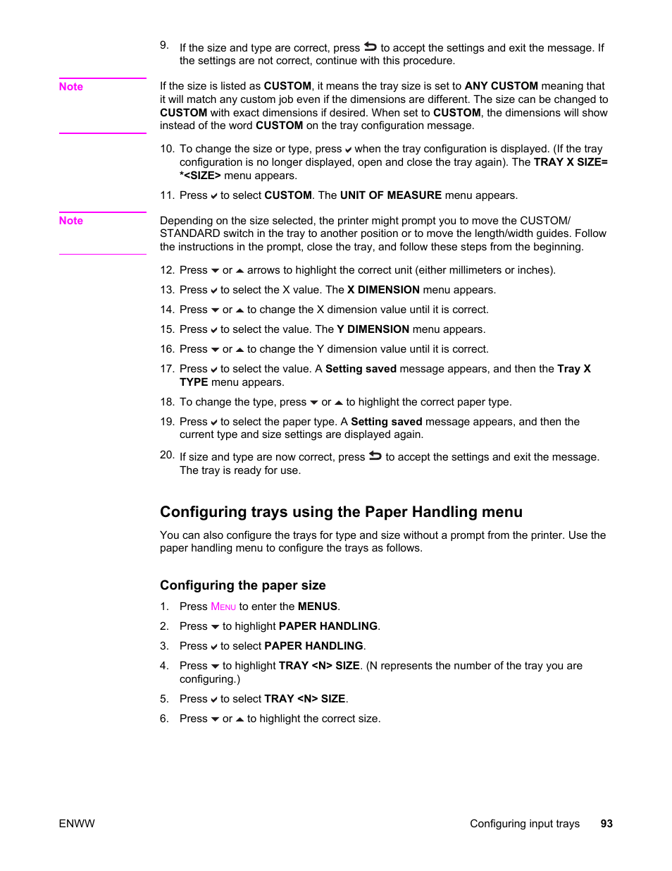 Configuring trays using the paper handling menu | HP Color LaserJet 5550 Printer series User Manual | Page 107 / 294
