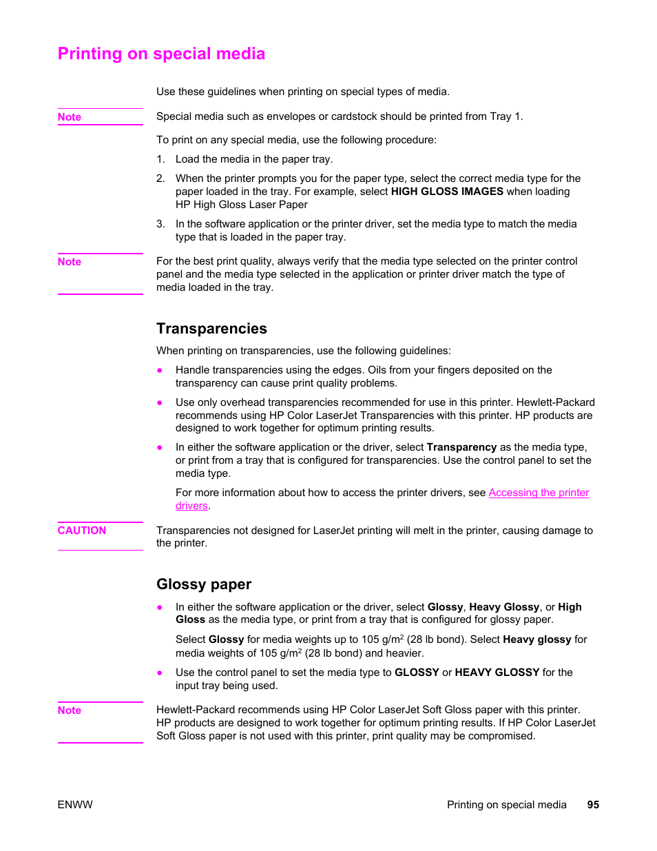 Printing on special media, Transparencies, Glossy paper | Transparencies glossy paper | HP Color LaserJet 5550 Printer series User Manual | Page 109 / 294