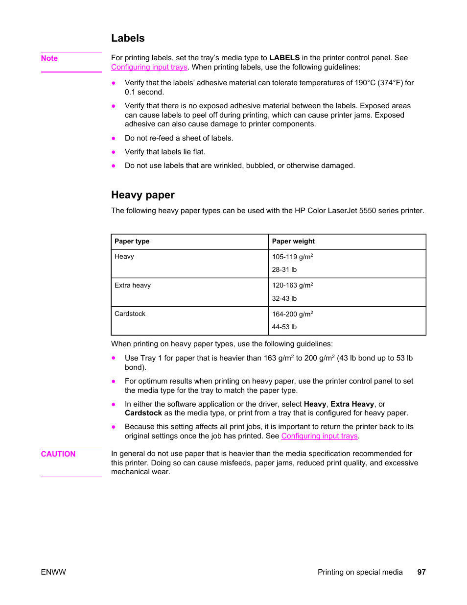 Labels, Heavy paper, Labels heavy paper | HP Color LaserJet 5550 Printer series User Manual | Page 111 / 294