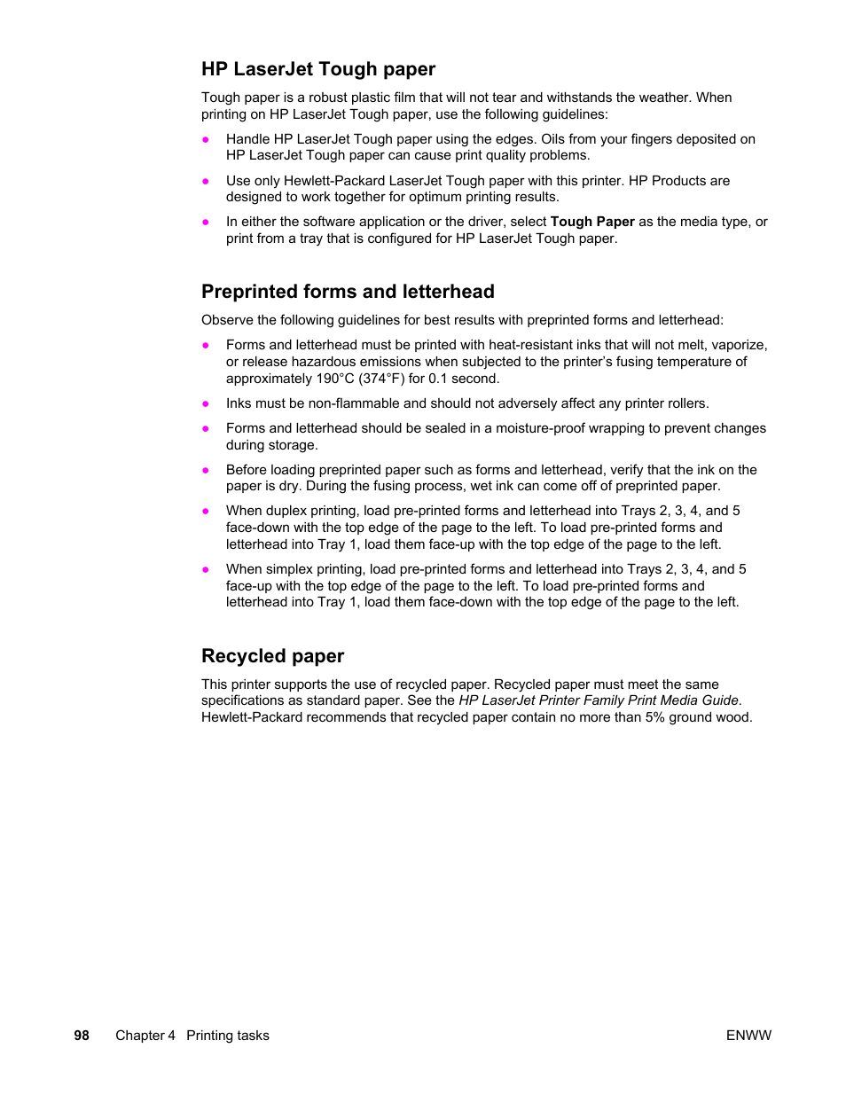 Hp laserjet tough paper, Preprinted forms and letterhead, Recycled paper | HP Color LaserJet 5550 Printer series User Manual | Page 112 / 294