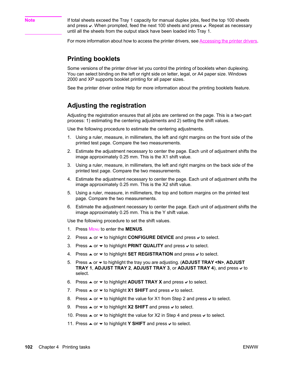 Printing booklets, Adjusting the registration, Printing booklets adjusting the registration | HP Color LaserJet 5550 Printer series User Manual | Page 116 / 294