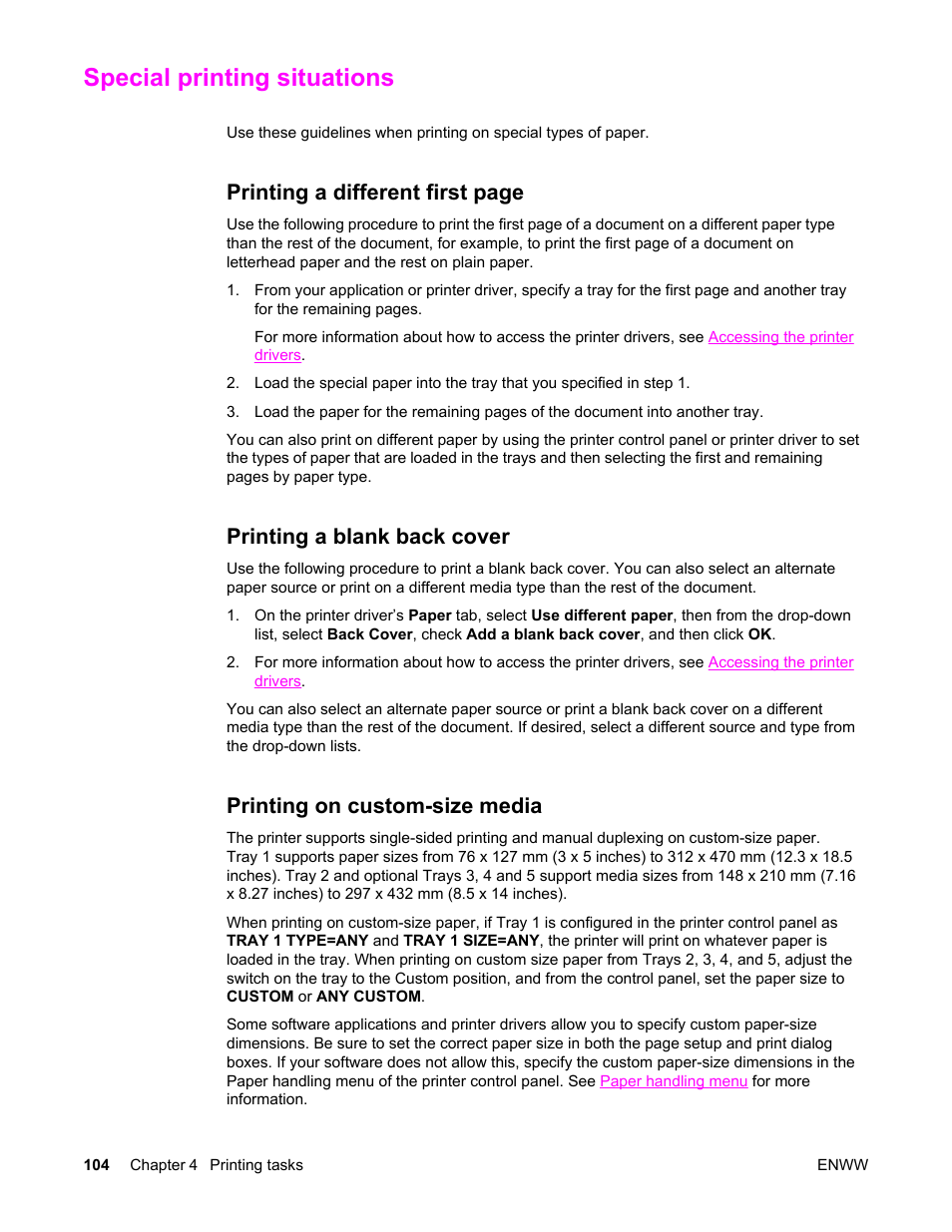 Special printing situations, Printing a blank back cover, Printing on custom-size media | Printing a different first page | HP Color LaserJet 5550 Printer series User Manual | Page 118 / 294