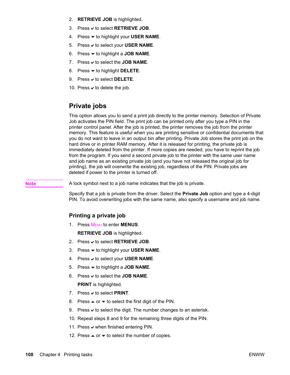 Private jobs | HP Color LaserJet 5550 Printer series User Manual | Page 122 / 294