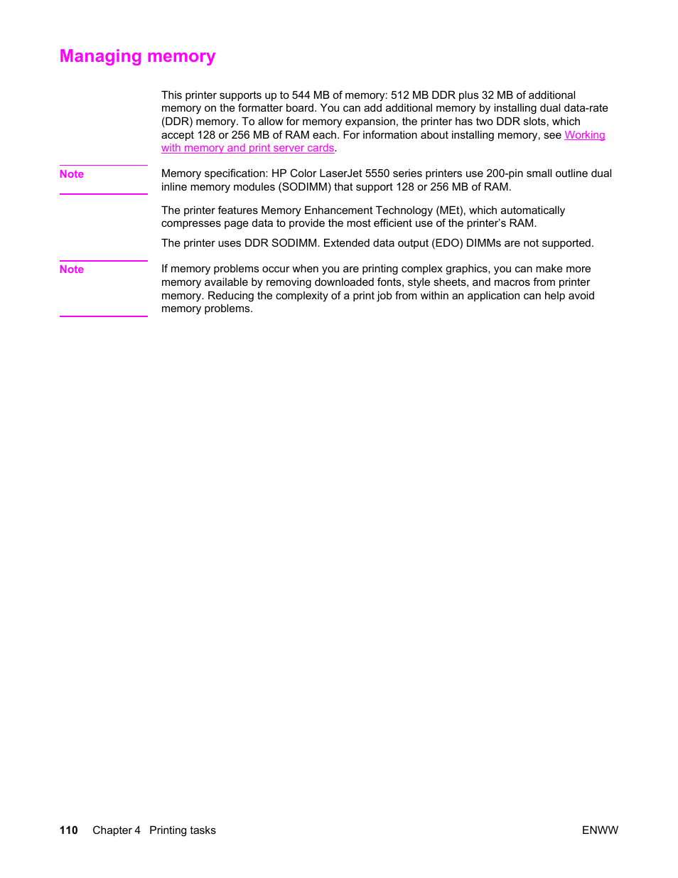 Managing memory | HP Color LaserJet 5550 Printer series User Manual | Page 124 / 294