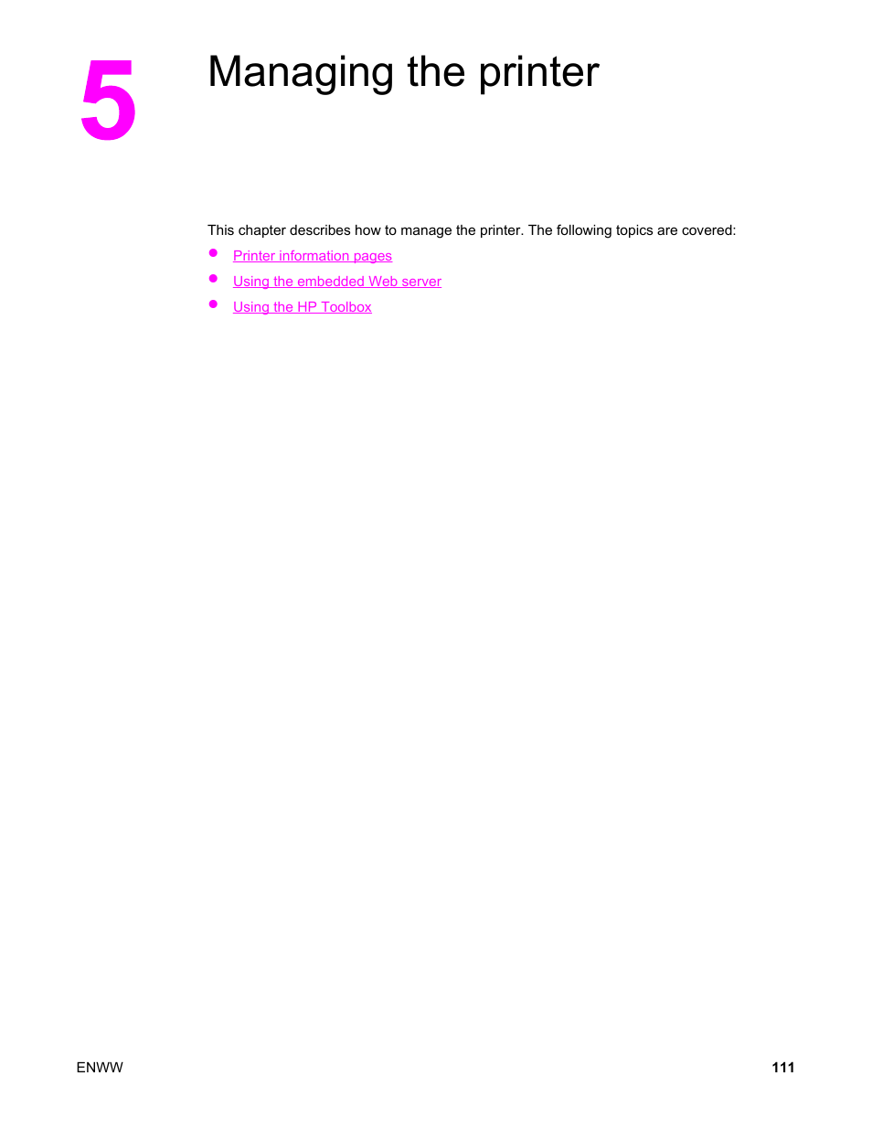 Managing the printer, 5 managing the printer | HP Color LaserJet 5550 Printer series User Manual | Page 125 / 294