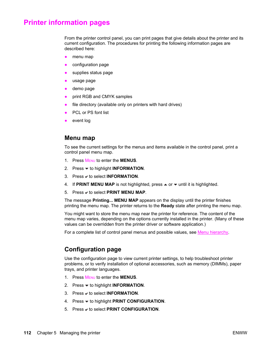 Menu map, Printer information pages, Configuration page | HP Color LaserJet 5550 Printer series User Manual | Page 126 / 294
