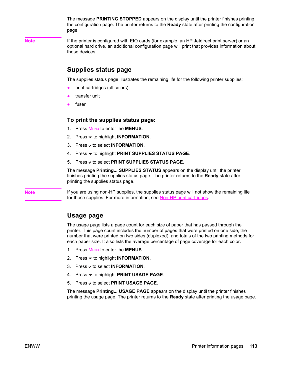 Supplies status page, Usage page | HP Color LaserJet 5550 Printer series User Manual | Page 127 / 294