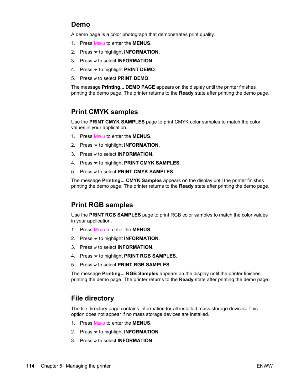 Demo, Print cmyk samples, Print rgb samples | File directory | HP Color LaserJet 5550 Printer series User Manual | Page 128 / 294