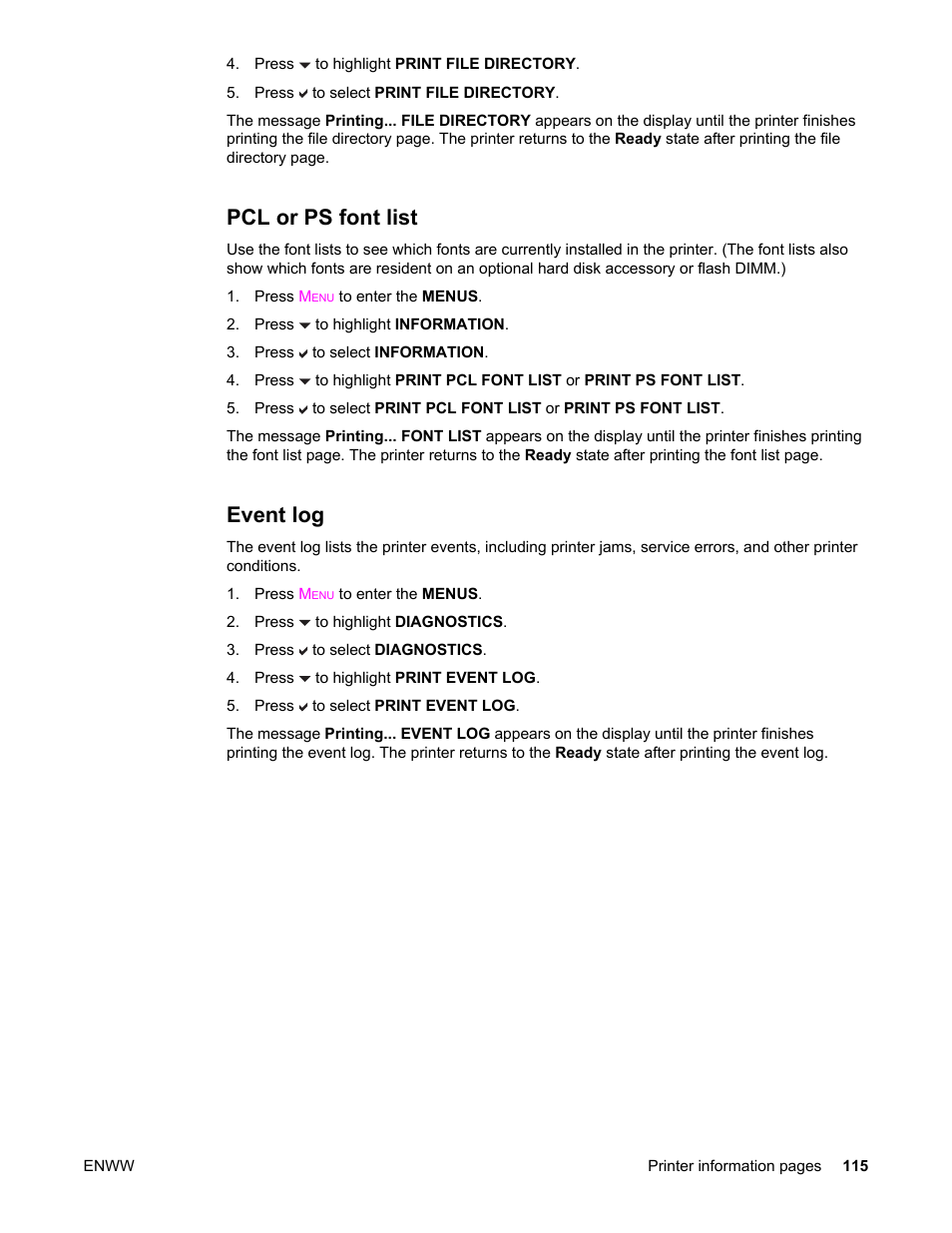 Pcl or ps font list, Event log, Pcl or ps font list event log | HP Color LaserJet 5550 Printer series User Manual | Page 129 / 294