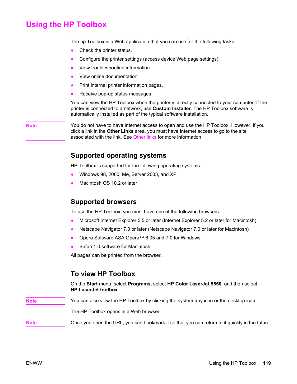Using the hp toolbox, Supported operating systems, Supported browsers | To view hp toolbox | HP Color LaserJet 5550 Printer series User Manual | Page 133 / 294