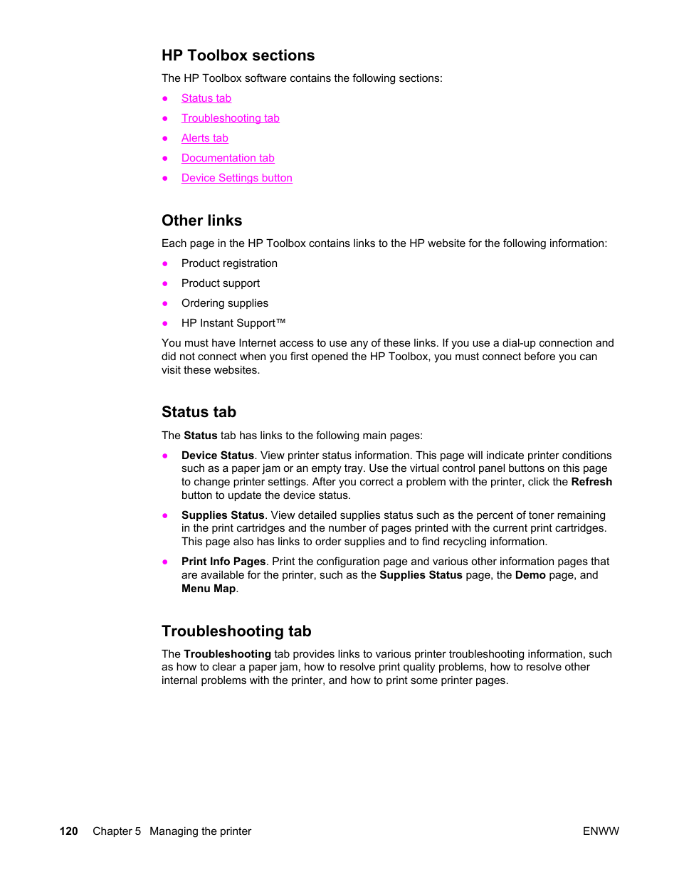 Hp toolbox sections, Other links, Status tab | Troubleshooting tab, Hp toolbox sections other links, Status tab troubleshooting tab | HP Color LaserJet 5550 Printer series User Manual | Page 134 / 294