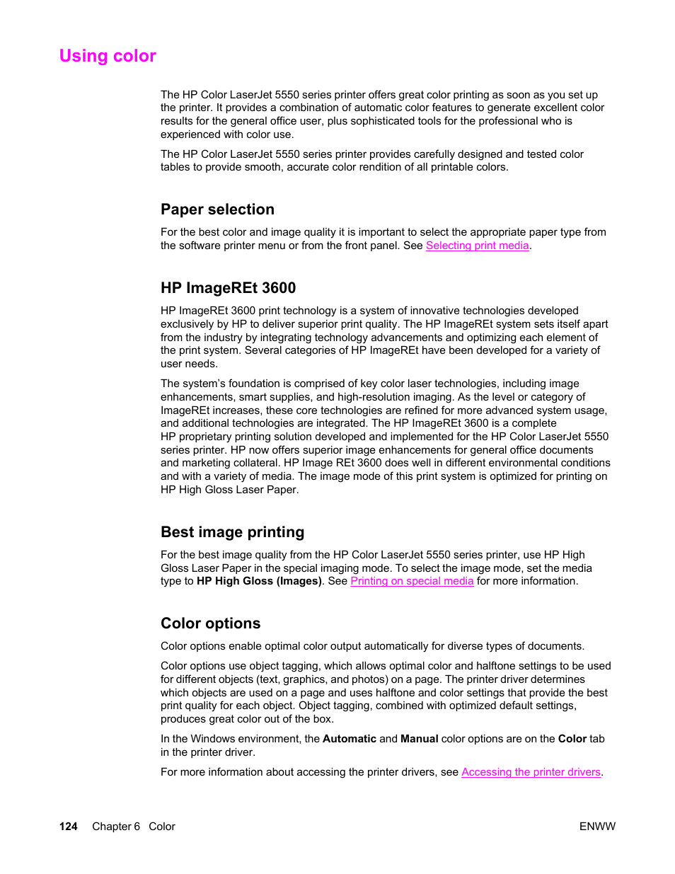 Using color, Paper selection, Hp imageret 3600 | Best image printing, Color options | HP Color LaserJet 5550 Printer series User Manual | Page 138 / 294