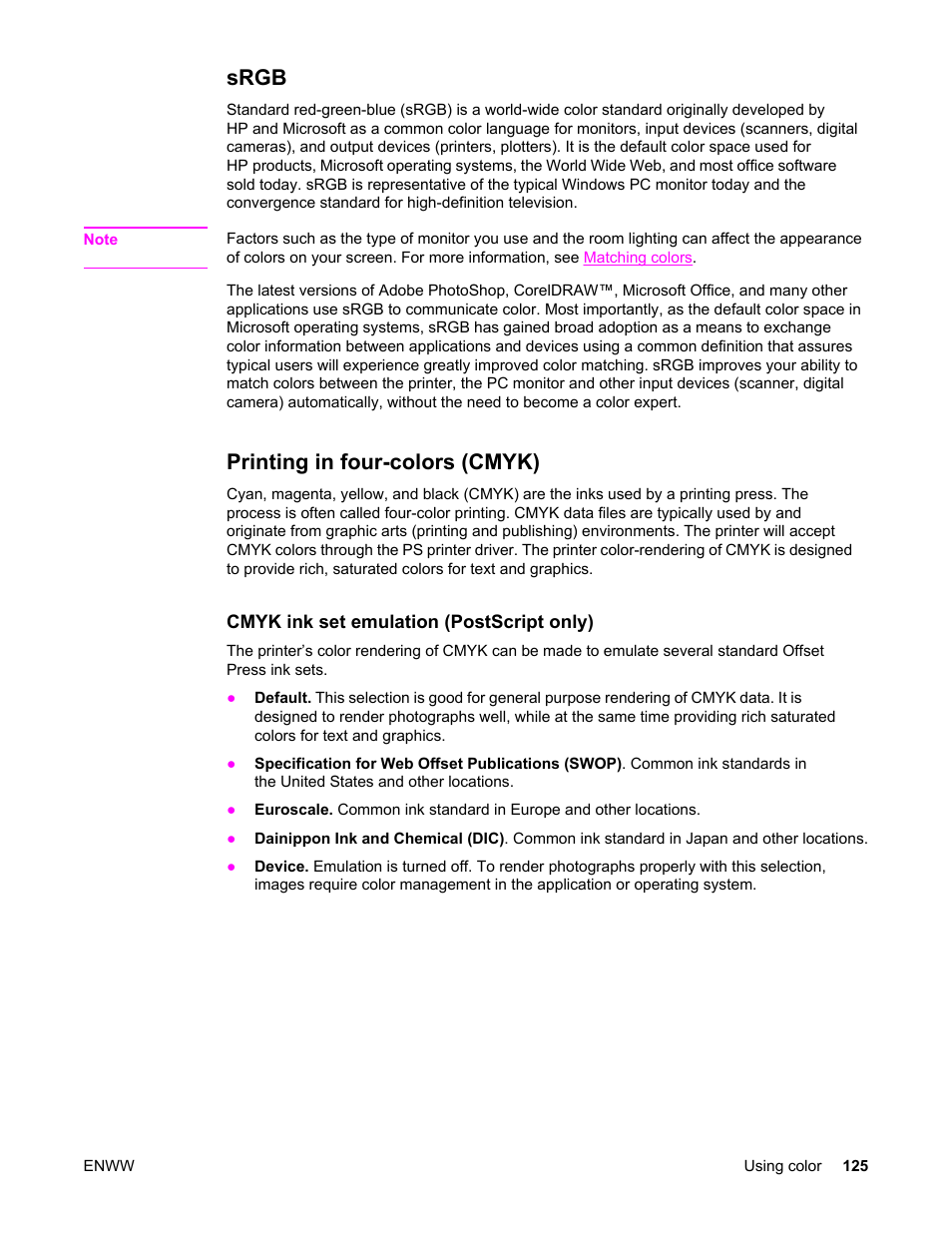 Srgb, Printing in four-colors (cmyk), Srgb printing in four-colors (cmyk) | HP Color LaserJet 5550 Printer series User Manual | Page 139 / 294