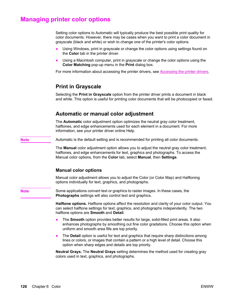 Managing printer color options, Print in grayscale, Automatic or manual color adjustment | HP Color LaserJet 5550 Printer series User Manual | Page 140 / 294