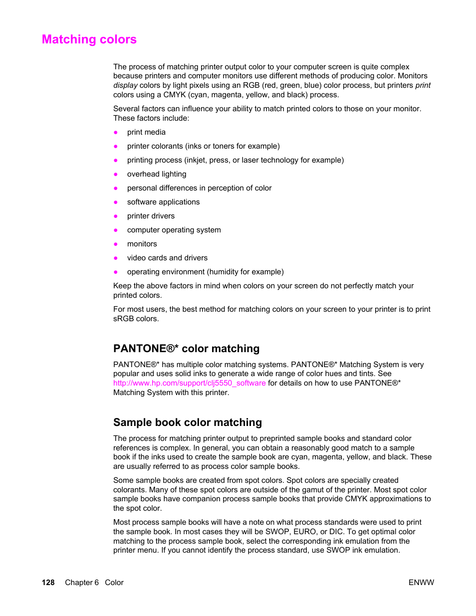 Matching colors, Pantone®* color matching, Sample book color matching | HP Color LaserJet 5550 Printer series User Manual | Page 142 / 294