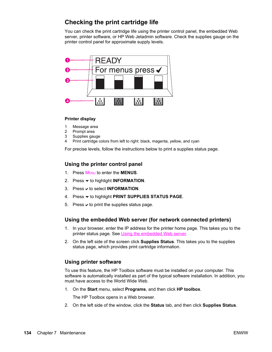 Checking the print cartridge life | HP Color LaserJet 5550 Printer series User Manual | Page 148 / 294