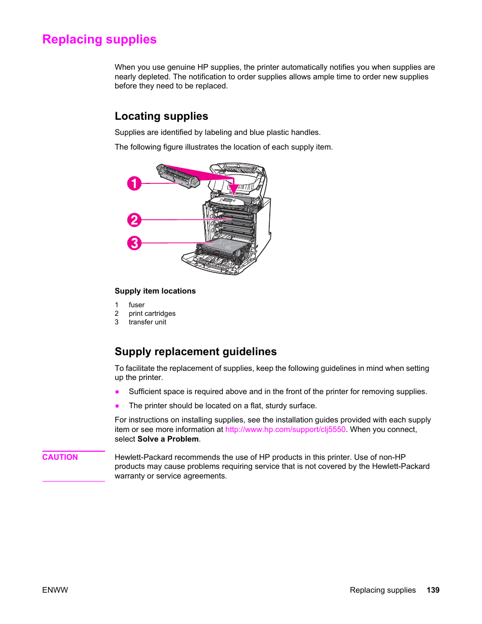 Replacing supplies, Locating supplies, Supply replacement guidelines | Locating supplies supply replacement guidelines | HP Color LaserJet 5550 Printer series User Manual | Page 153 / 294