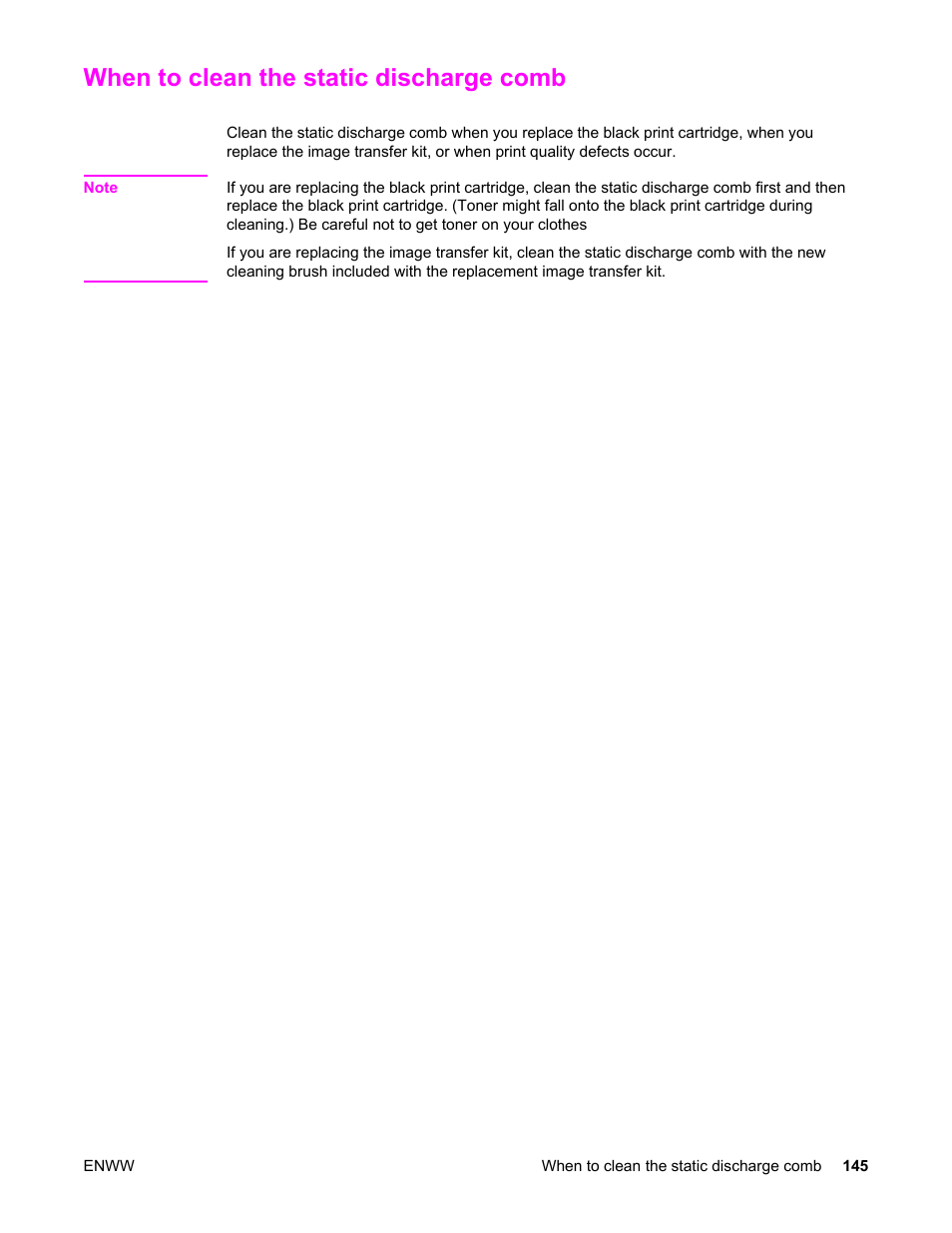 When to clean the static discharge comb | HP Color LaserJet 5550 Printer series User Manual | Page 159 / 294