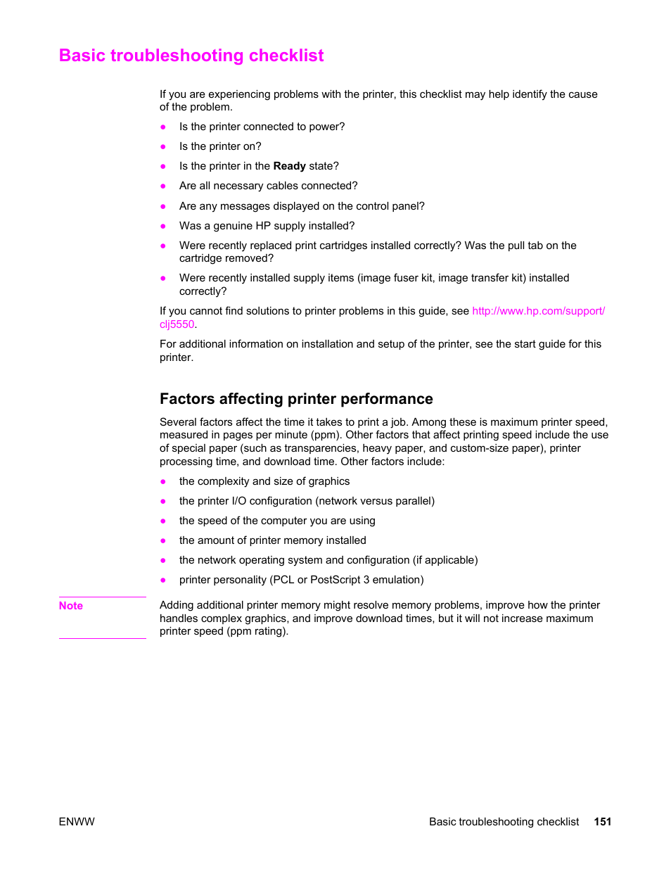 Basic troubleshooting checklist, Factors affecting printer performance | HP Color LaserJet 5550 Printer series User Manual | Page 165 / 294