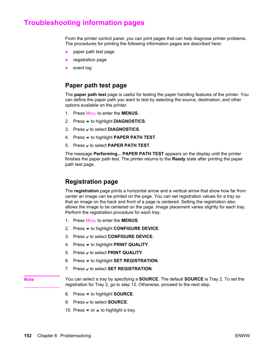 Troubleshooting information pages, Paper path test page, Registration page | HP Color LaserJet 5550 Printer series User Manual | Page 166 / 294